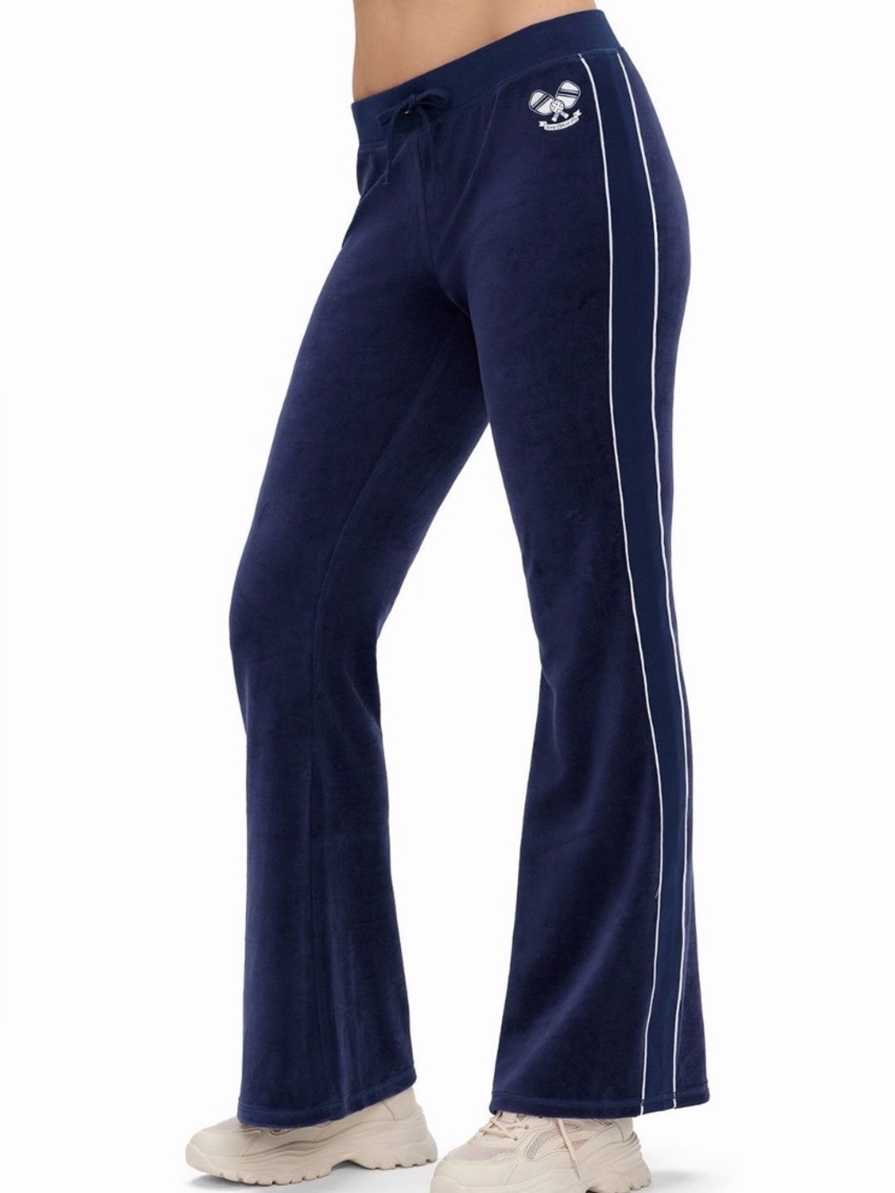 Juicy Couture Navy Blue Flared Velour Track Pants with White Piping